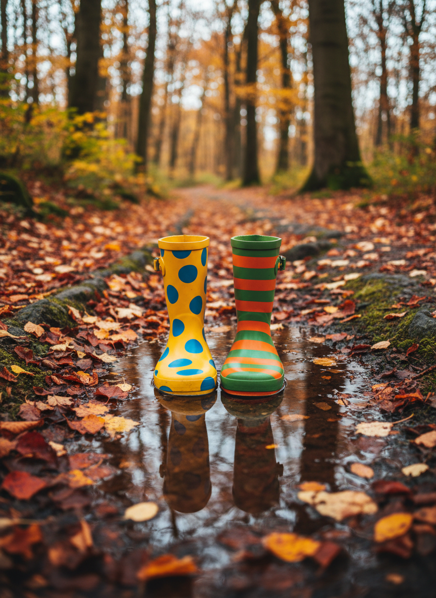 A pair of brightly patterned rain boots—one yellow with blue polka dots, the other green with orange stripes—sit side by side in a shallow, crystal-clear puddle. The boots have cheerful, chubby forms and a slightly shiny rubber texture. Positioned at the edge of a winding forest path covered in vivid autumn leaves, the puddle reflects the boots and part of the colorful tree canopy above. Soft, overcast daylight creates subtle highlights on the boots and gentle reflections in the water. Shot from a low, close-up angle to accentuate the rounded shapes and capture the vivid colors of both boots and surroundings. The mood is playful, mischievous, and ready for adventure, rendered in photographic realism with a pop of whimsical design.
