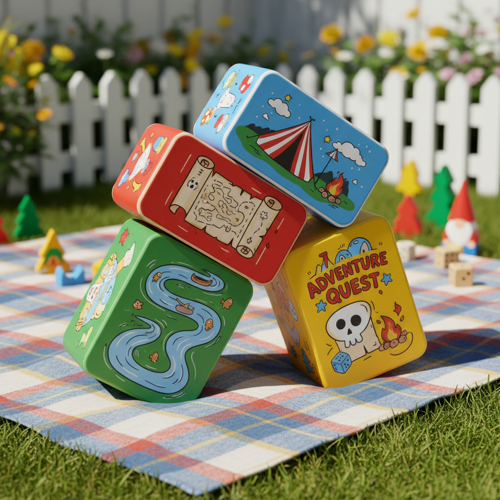 A stack of oversized board game boxes, crafted in chunky, rounded forms and painted with bold, primary colors, rests on a cozy checkered blanket spread across a sunny backyard lawn. The boxes display quirky, hand-drawn illustrations of classic adventure themes: treasure maps, tents, and winding rivers. Bright midday sunlight illuminates the scene, creating sharp, energetic shadows and adding vibrancy to the colors. The composition adopts a slightly elevated, three-quarter angle, placing the stack off-center with soft bokeh blurring an array of scattered game pieces and whimsical garden décor in the background. The atmosphere is upbeat, inviting, and effortlessly fun—a photographic yet whimsically styled celebration of analog family play at home.