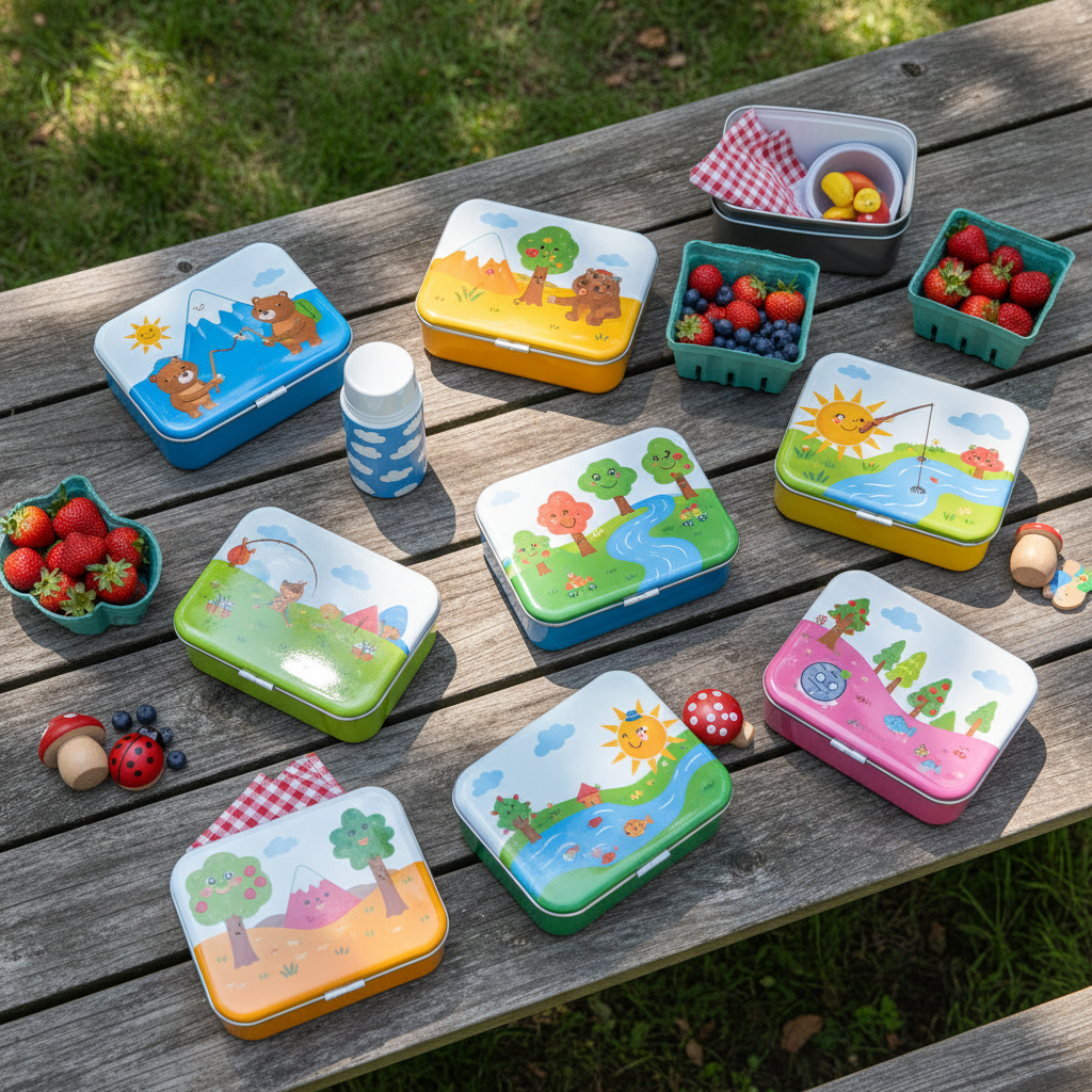A collection of colorfully decorated enamel lunchboxes, each adorned with quirky, cartoonish outdoor motifs and rounded shapes, is arranged on a weathered wooden picnic table. The scene is set in a sunlit park clearing, with blurred foliage and dappled light filtering through leafy branches overhead. Warm, natural sunlight enhances the bold colors and glossy enamel, creating crisp highlights and playful reflections on the lunchboxes. Captured from an overhead "flat lay" angle for a dynamic, energetic feel, the composition uses asymmetrical placement and a shallow depth of field to emphasize vibrancy and family-friendly fun. Vibrant, photographic style pairs with a whimsical, summery mood that perfectly fits the blog's playful take on everyday family adventure.